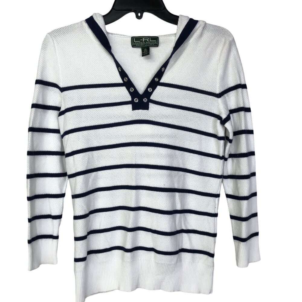 LAUREN RALPH LAUREN ACTIVE ‎ STRIPED 3/4 SLEEVE HOODED TOP XS